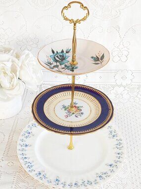 3-Tier Bone China Tiered Serving Stand Vintage English Plates Bridal Shower Gift